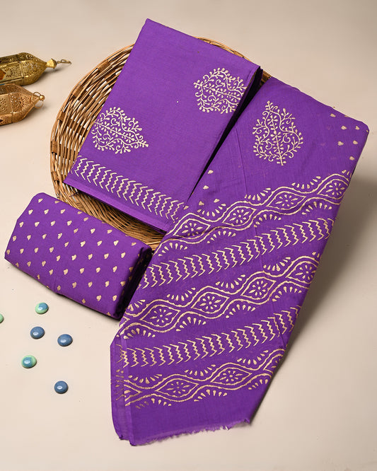 Blue Golden Print Hand Block Print Cotton Suit Sets With Cotton Dupatta CFCOTMU51