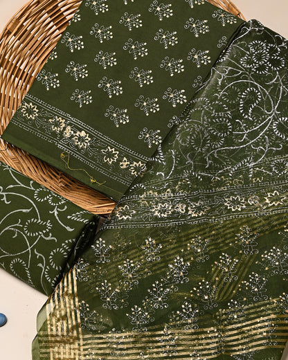 Exclusive Green Hand Block Printed Cotton Suit With Organza Dupatta (BSCOD45)