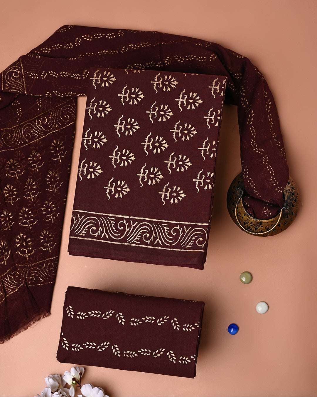 Traditional Gold Printed Cotton Suit With Chiffon Dupatta (BSCOTCH105)