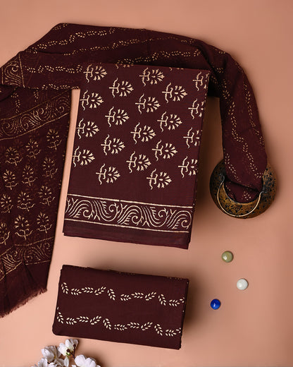 Traditional Gold Printed Cotton Suit With Chiffon Dupatta (BSCOTCH105)