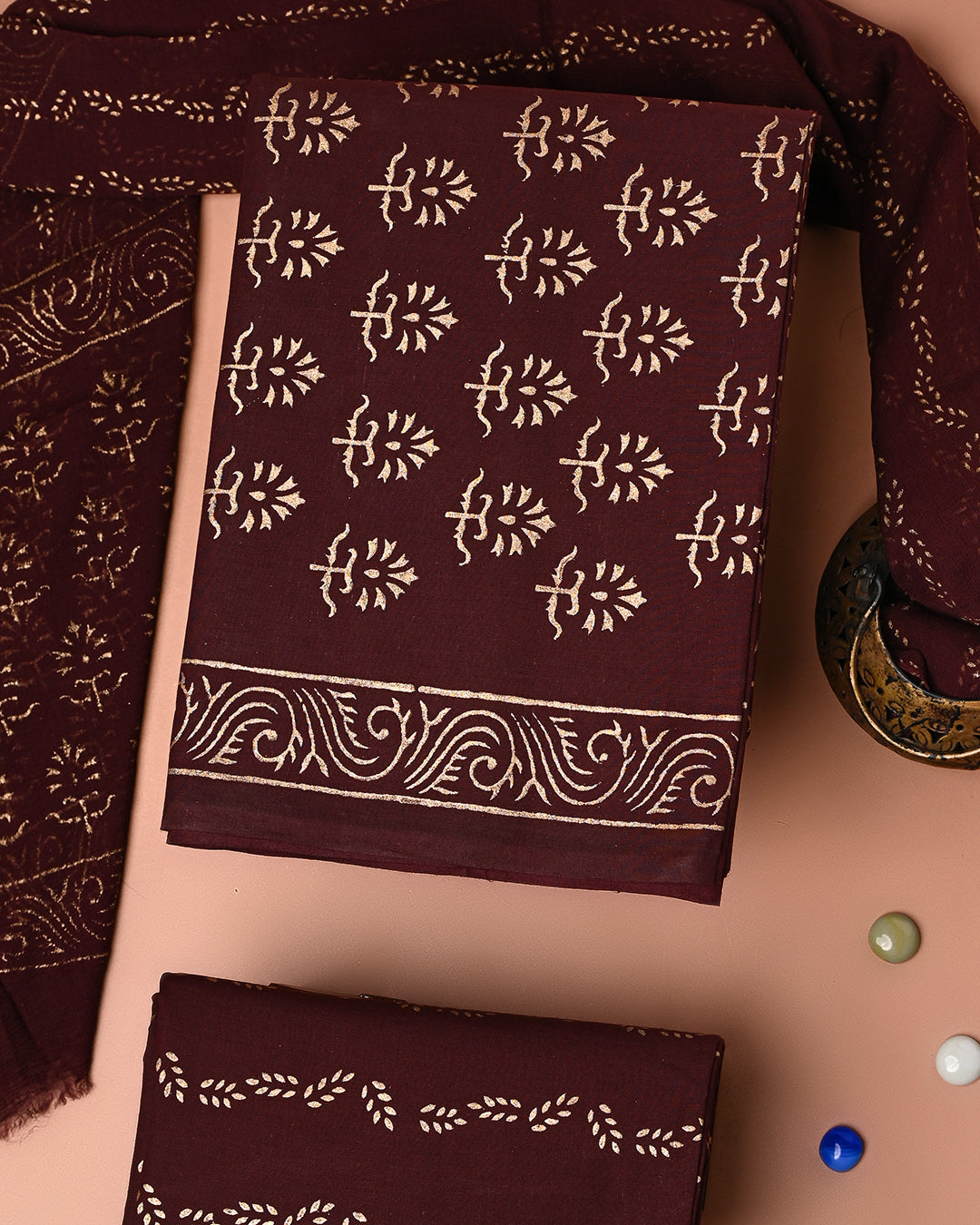 Traditional Gold Printed Cotton Suit With Chiffon Dupatta (BSCOTCH105)
