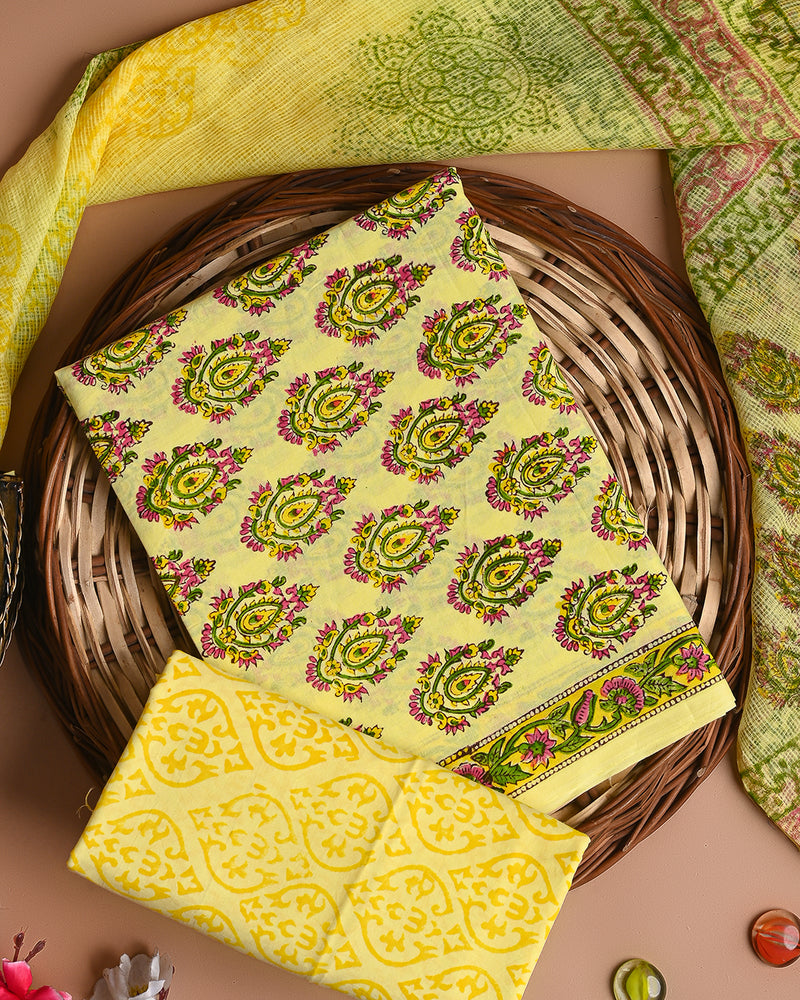 Exclusive Green  Hand Block Print Cotton Suit With Kota Dupatta CFCOTKO27