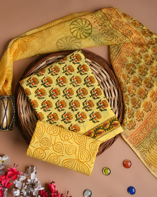 Premium Yellow Sanganeri Print Cotton Suit With Kota Doria Dupatta CFCOTKO08