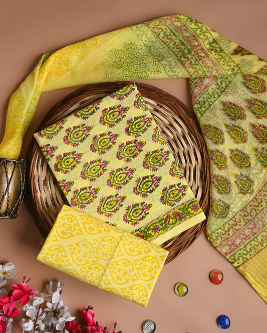 Exclusive Yellow Hand Block Print Cotton Suit With Kota Dupatta CFCOTKO27