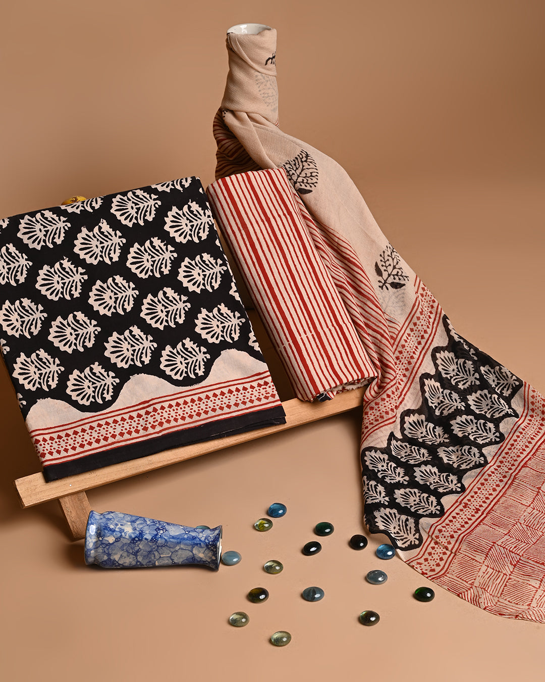Traditional Brown With Black Boota Hand Block Printed Cotton Suit With Chiffon Dupatta (BSCOTCH02)