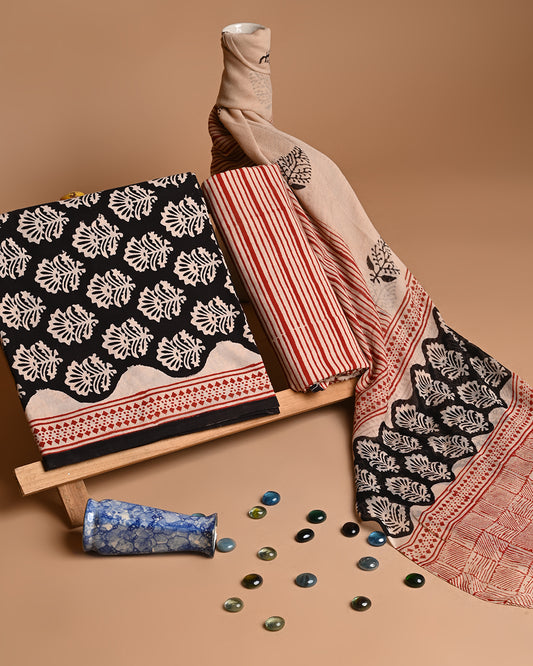 Traditional Brown With Black Boota Hand Block Printed Cotton Suit With Chiffon Dupatta (BSCOTCH02)