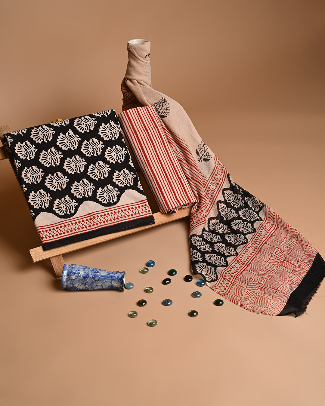 Traditional Brown With Black Boota Hand Block Printed Cotton Suit With Chiffon Dupatta (BSCOTCH02)