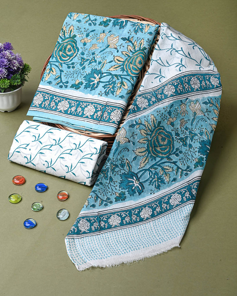New Blue Sanganeri Hand Block Print Cotton Suit Sets With Cotton Dupatta CFCOTMU74