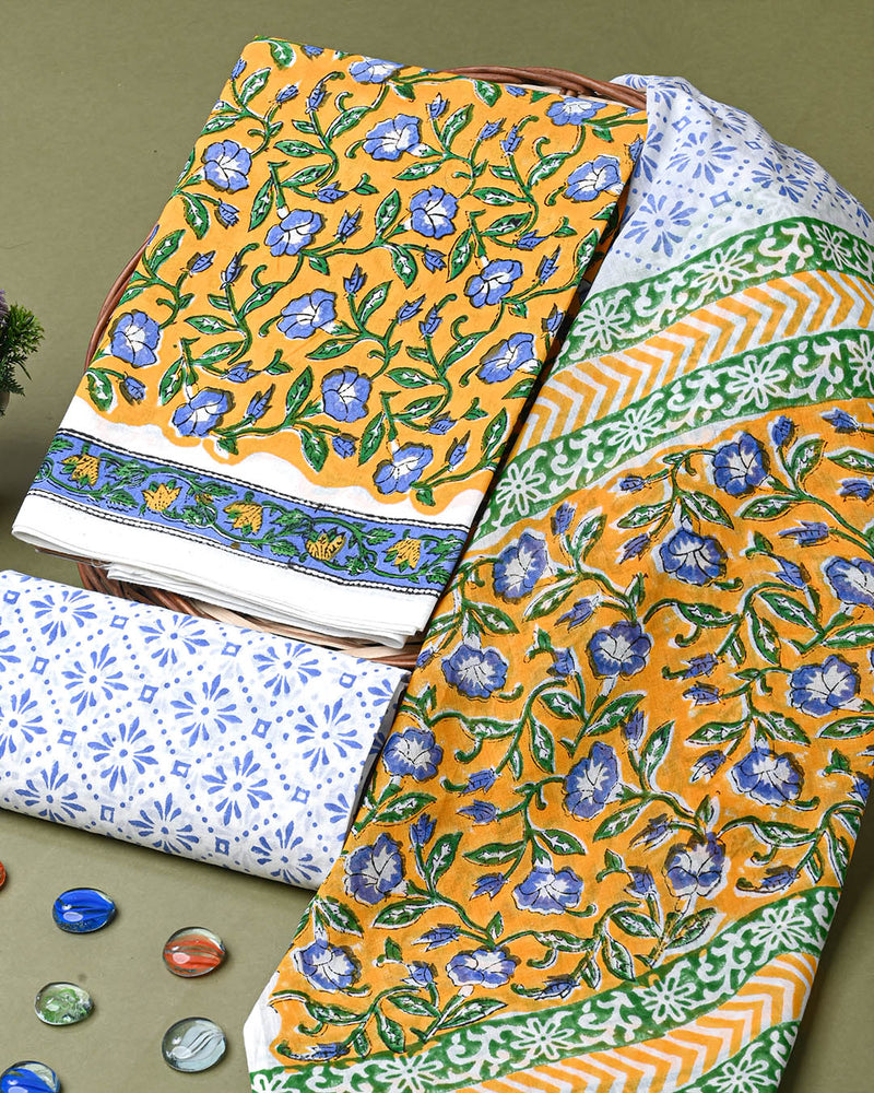 New Yellow and Blue Floral Sanganeri Hand Block Print Cotton Suit Sets With Cotton Dupatta CFCOTMU77