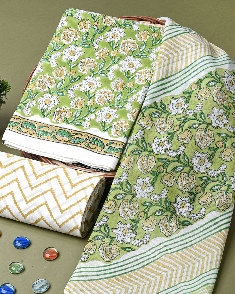 New Green Sanganeri Hand Block Print Cotton Suit Sets With Cotton Dupatta CFCOTMU72