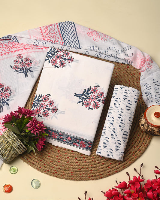 White Floral Sanganeri Hand Block Print Cotton Suit Sets With Cotton Dupatta CFCOTMU26