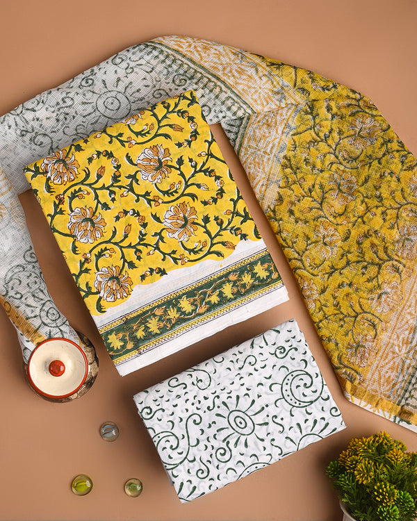 New Yellow and White Exclusive Hand Painted  Cotton Suit With Kota Doria Dupatta CFCOTKO32