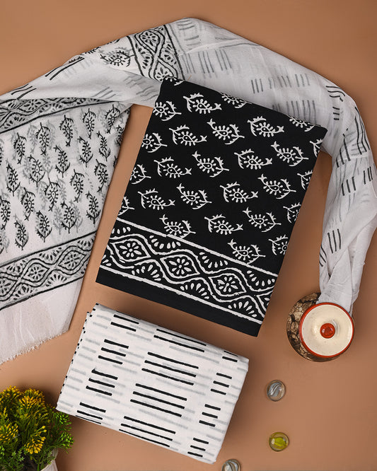 Traditional Black & White Sanganeri Rapid Printed Cotton Suit With Chiffon Dupatta CFCOTCH32