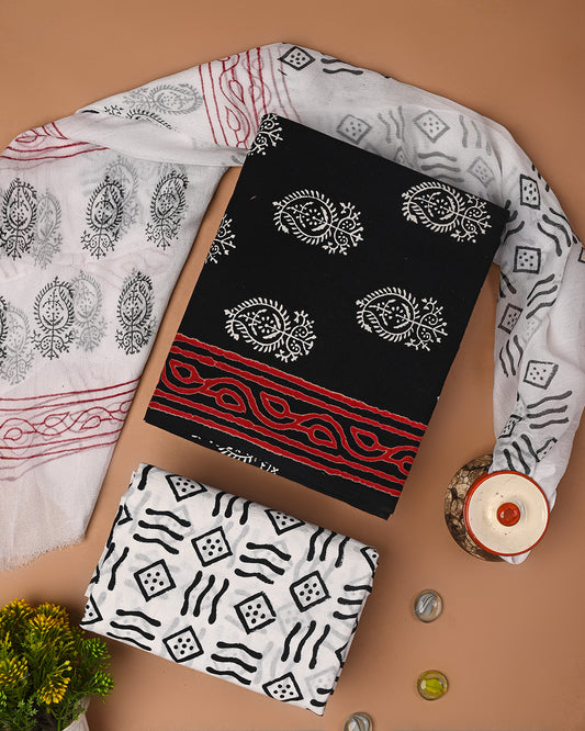 Premium Black & White Sanganeri Rapid Printed Cotton Suit With Chiffon Dupatta CFCOTCH31