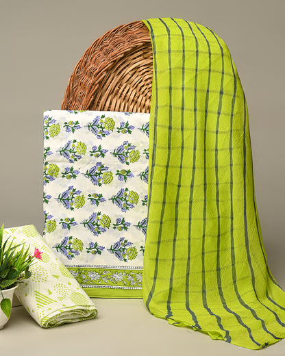 Premium Green Hand Block Sanganeri Print Cotton Suit With Chiffon Dupatta (BSCOTCH20)