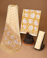 Premium Yellow and White Hand Block Print Cotton Suit Sets With Chiffon Dupatta CFCOTCH19