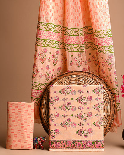 Premium Peach Hand Block Printed Cotton Suit With Cotton Dupatta (BSCOTMU16)