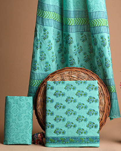 Premium Blue Hand Block Printed Cotton Suit With Cotton Dupatta (BSCOTMU05)