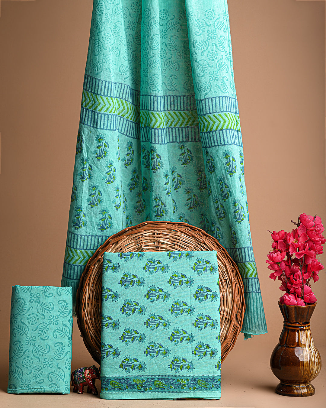 Premium Blue Hand Block Printed Cotton Suit With Cotton Dupatta (BSCOTMU05)