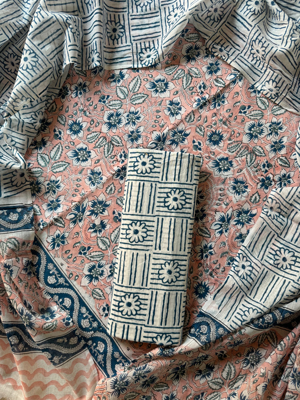 Pink and Blue Floral Sanganeri Hand Block Print Cotton Suit Sets With Cotton Dupatta CFCOTMU47