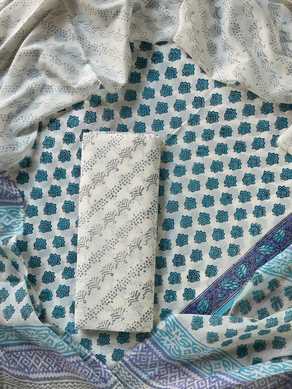 New White and Blue Sanganeri Hand Block Print Cotton Suit Sets With Cotton Dupatta  CFCOTMU61