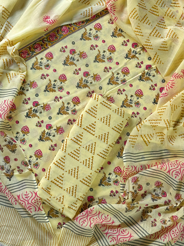 Adorable Yellow Premium Hand Block Printed Cotton Suit With Cotton Dupatta COCOTMU06