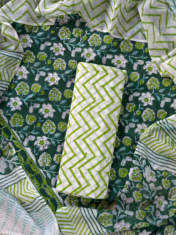 Green and White Hand Block Print Cotton Suit Sets With Cotton Dupatta  COCOTMU01