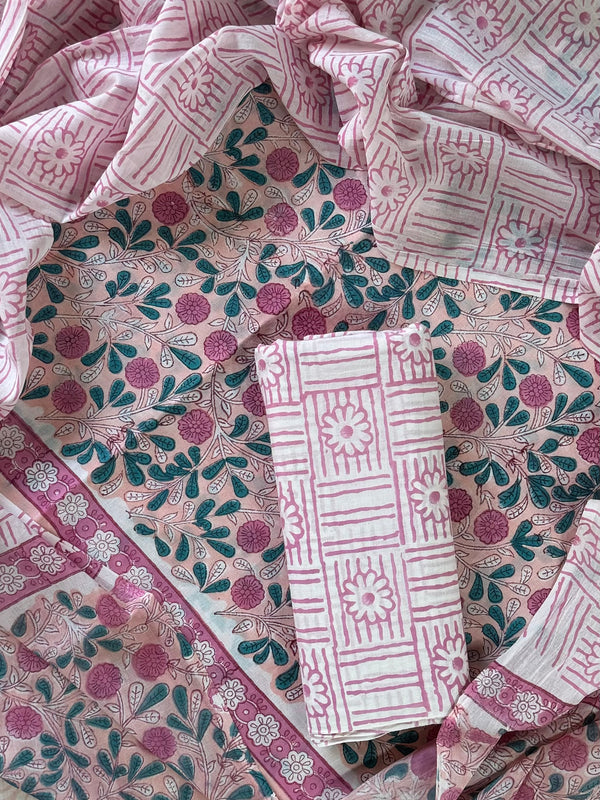 Pink Sanganeri Hand Block Print Cotton Suit Sets With Cotton Dupatta COCOTMU13
