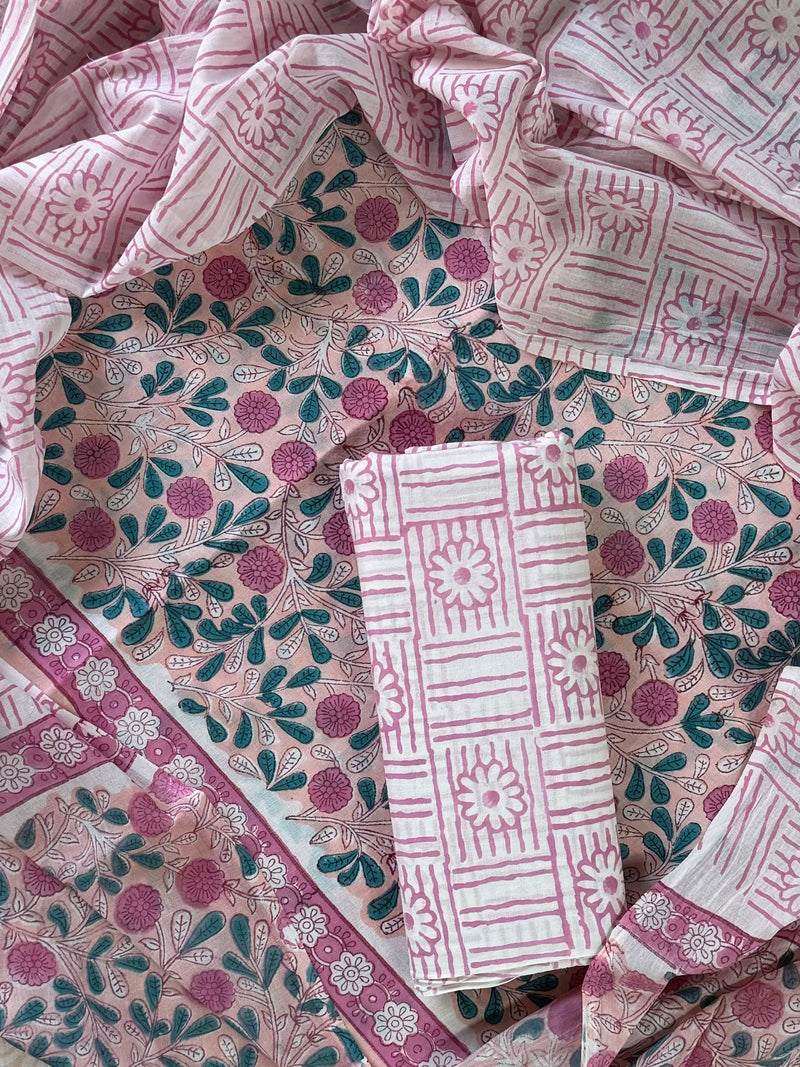 Pink Sanganeri Hand Block Print Cotton Suit Sets With Cotton Dupatta COCOTMU13