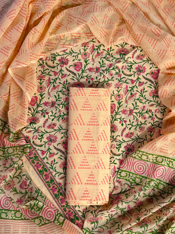 New Peach Sanganeri Hand Block Print Cotton Suit Sets With Cotton Dupatta COCOTMU10