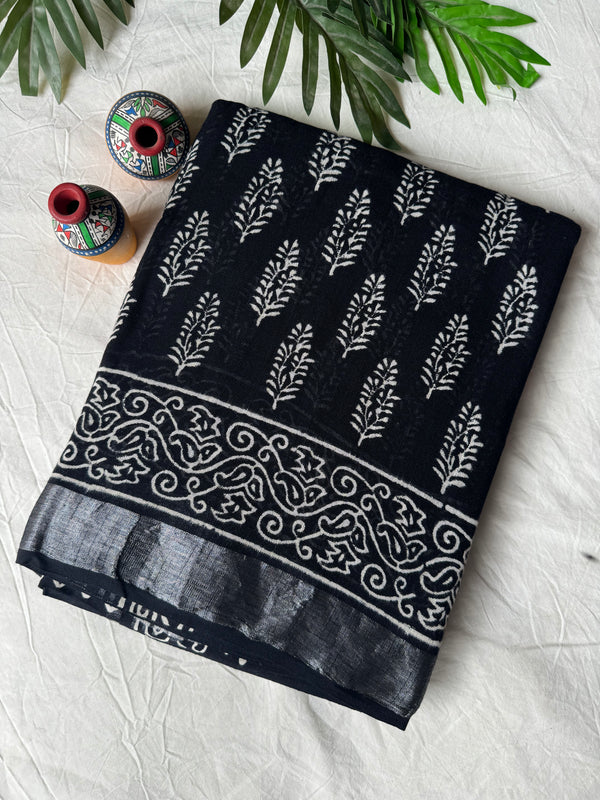 Traditional Black Bagru Print Lilen Saree CFLICS07