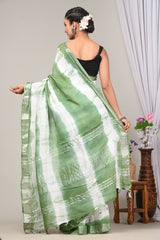 Premium Green Floral Bagru Print Lilen Saree CFLICS14