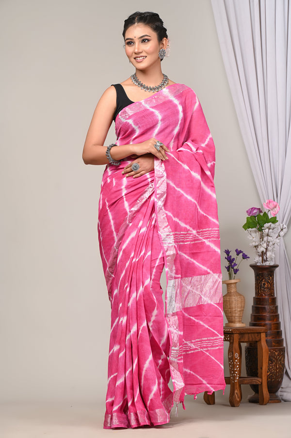 Premium Pink Bagru Print Lilen Saree CFLICS17