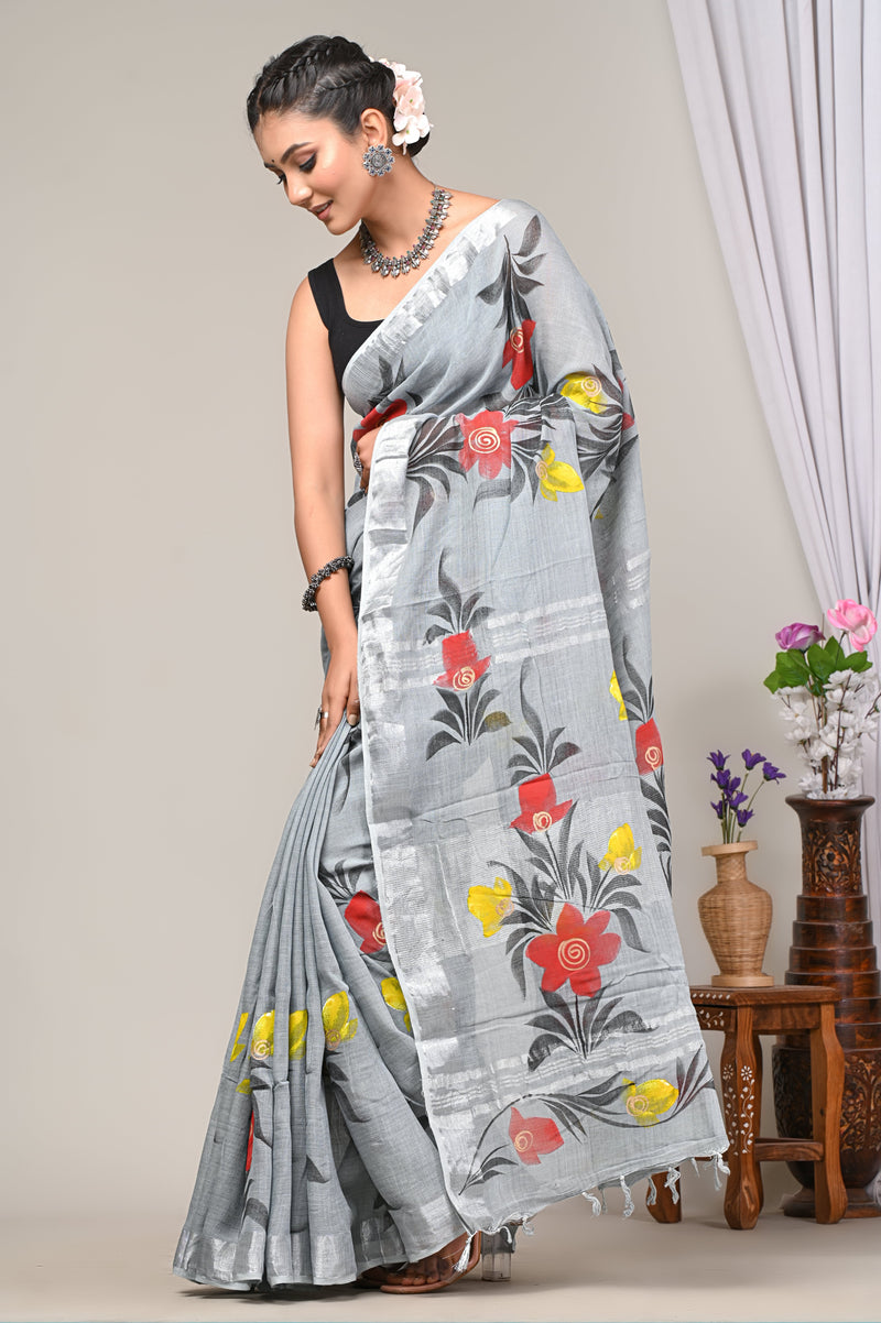 Premium Grey  Floral Bagru Print Lilen Saree CFLICS03