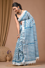 Premium Blue Bagru Print Lilen Saree CFLICS11