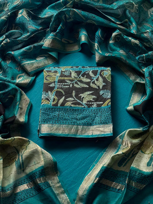 Pomegranate Peel Dyed Vanaspati Ajrakh Maheshwari Silk Suit Sets ( BSAJ12 )