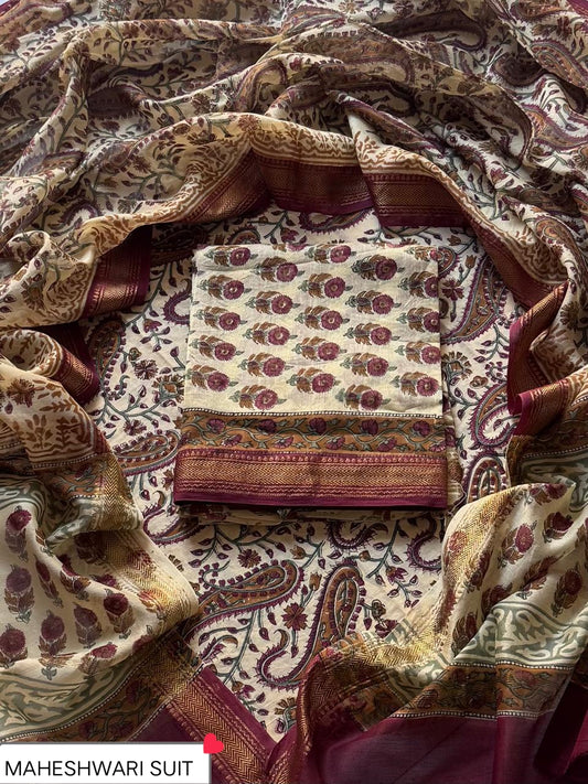 Premium Bagru Print Maheshwari Unstitched  Silk Suit Set (BSMAHMA106)
