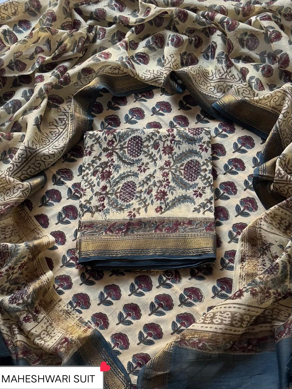 Premium Bagru Print Maheshwari Unstitched Silk Suit Set (BSMAHMA107)