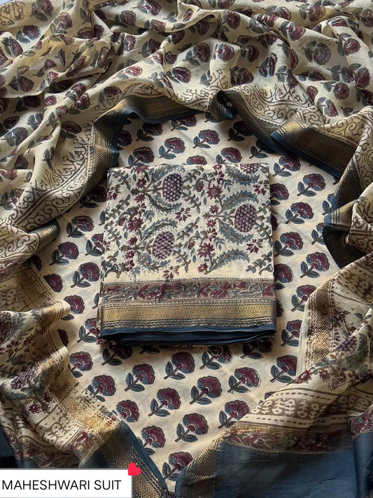 Premium Bagru Print Maheshwari Unstitched Silk Suit Set (BSMAHMA107)