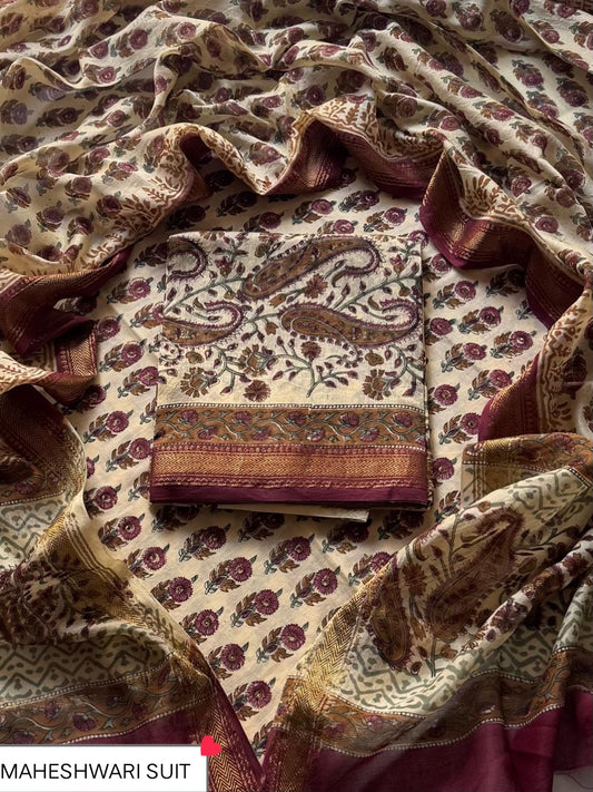 Royal Bagru Print Maheshwari Unstitched Silk Suit Set (BSMAHMA109)