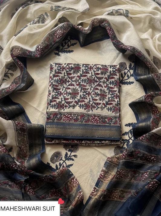 Luxury Bagru Print Maheshwari Unstitched Silk Suit Set (BSMAHMA114)
