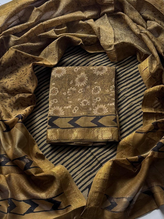 Maheshwari Silk Ajrakh Suits In Vanaspati Pomegranate Peel Dye (BSAJ33)