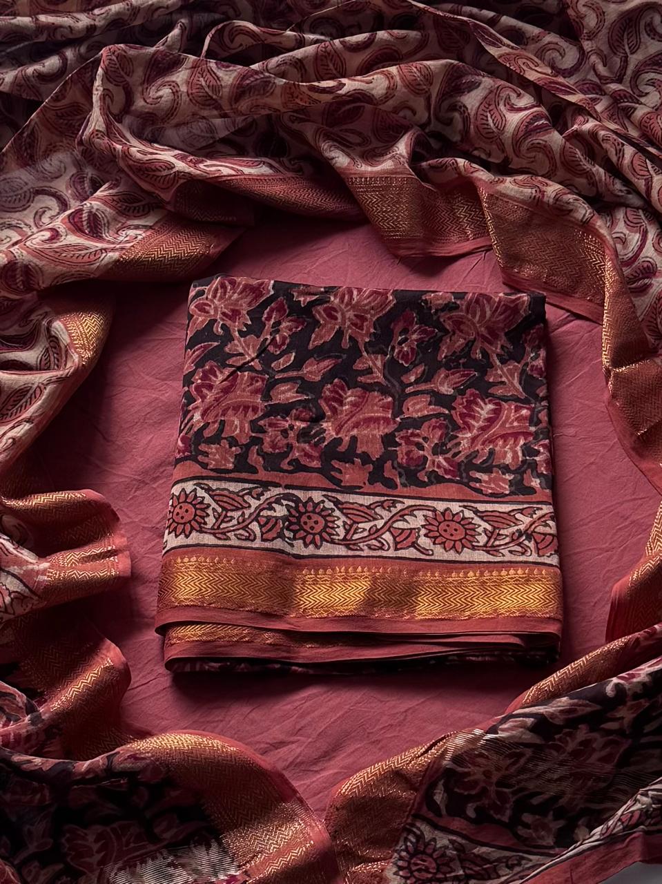 Maheshwari Silk Ajrakh Suits In Vanaspati Pomegranate Peel Dye (BSAJ36)