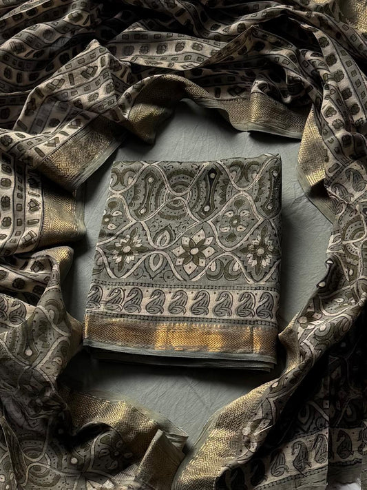 Maheshwari Silk Ajrakh Suits In Vanaspati Pomegranate Peel Dye (BSAJ35)