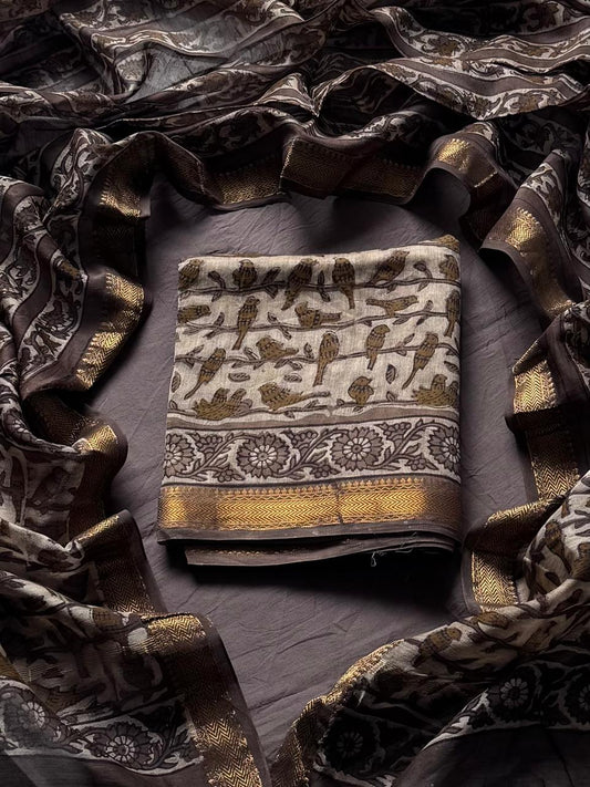 Maheshwari Silk Ajrakh Suits In Vanaspati Pomegranate Peel Dye (BSAJ40)