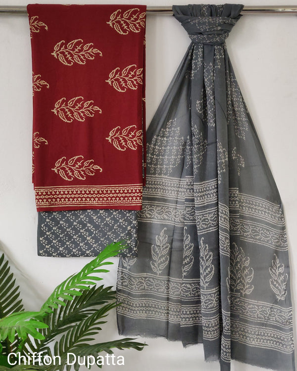 Traditional Grey and Dark Red  Hand Painted Cotton Sets With Chiffon Dupatta  COCOTCH05