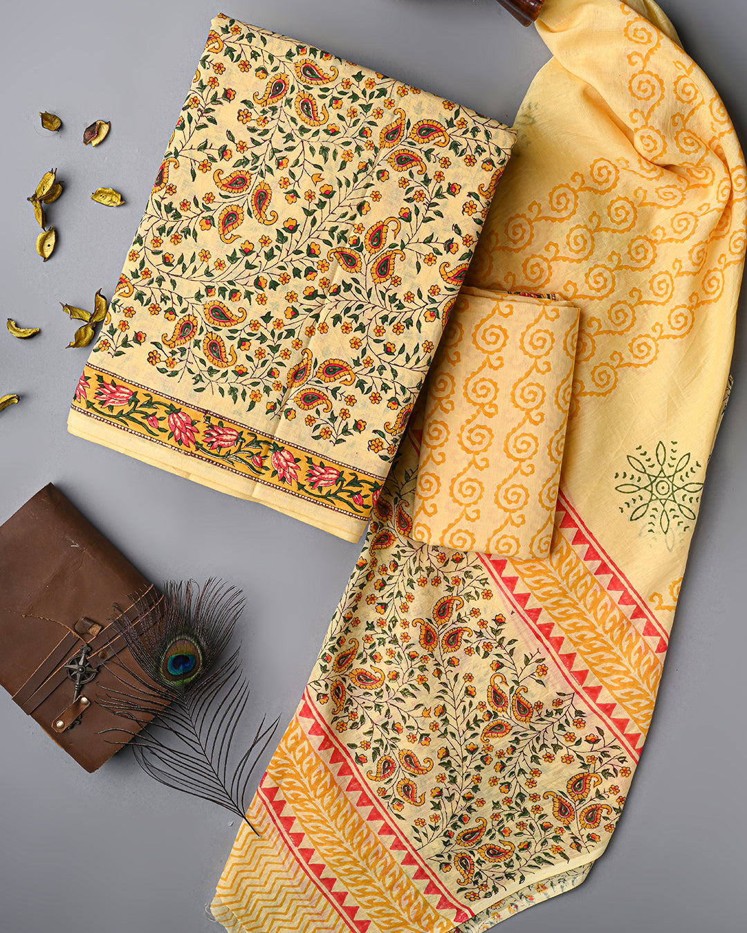 Beautiful Yellow Sanganeri Hand Block Print Cotton Suit Sets With Cotton Dupatta CFCOTMU39