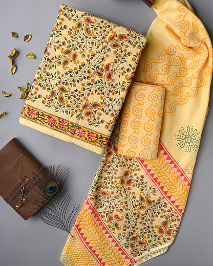 Beautiful Yellow Sanganeri Hand Block Print Cotton Suit Sets With Cotton Dupatta CFCOTMU39