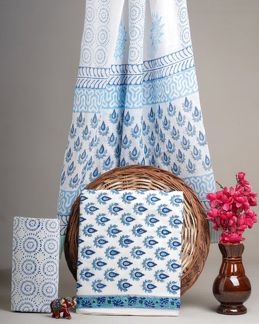 Sanganeri White and Blue Hand Block Print Cotton Suit Sets With Cotton Dupatta CFCOTMU49