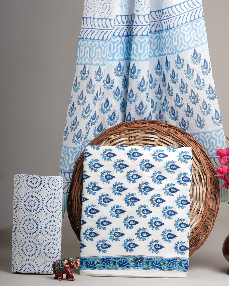 Sanganeri White and Blue Hand Block Print Cotton Suit Sets With Cotton Dupatta CFCOTMU49